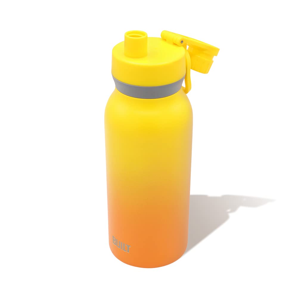 BUILT 32 Ounces Wide Mouth Cascade Double Wall Vacuum Insulated Stainless Steel Bottle with Chug Lid, Yellow and Orange Citrus Sunrise Ombre