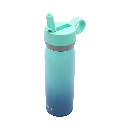 BUILT Wide Mouth Cascade Double Wall Vacuum Insulated Stainless Steel Bottle with Straw Lid, Twilight Blue Ombre, 18 Ounces