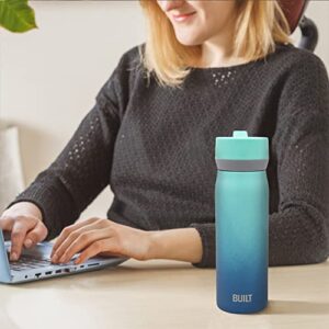 BUILT Wide Mouth Cascade Double Wall Vacuum Insulated Stainless Steel Bottle with Straw Lid, Twilight Blue Ombre, 18 Ounces