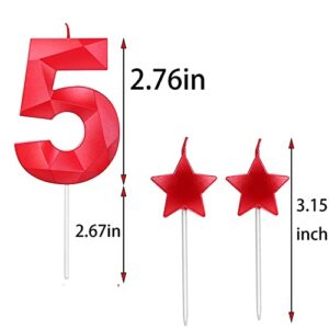 5th Birthday Candles and Star Heart Candles 2.76 Inch for Birthday Cakes Decorations Wedding Anniversary Celebration Number 5 50 15 51 52 53 54 55 56 57 58 59(Red,5)