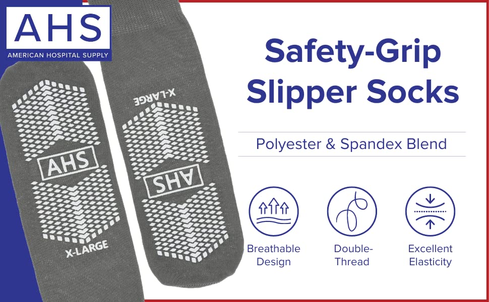 AHS American Hospital Supply Hospital Slipper Socks Grip Socks with Elastic Cuff Grip Socks for Women and Men Slipper Socks Gray | X-Large (Pack of 6)