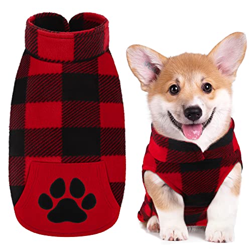 Pedgot Red and Black Plaid Fleece Dog Vest Clothes with Pawprint Pocket, Warm Dog Shirt Pullover Sweater Pet Coat Jacket Apparel for Fall Winter Christmas Wearing (Small)