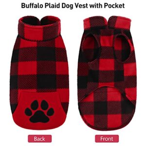 Pedgot Red and Black Plaid Fleece Dog Vest Clothes with Pawprint Pocket, Warm Dog Shirt Pullover Sweater Pet Coat Jacket Apparel for Fall Winter Christmas Wearing (Small)