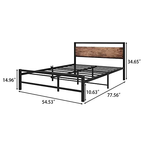 Crocofair Full Size Black Metal Bed Frame with Vintage Wooden Headboard,Heavy Duty Full Platform with Storage,Noise Free, No Box Spring Needed(Rustic Brown)