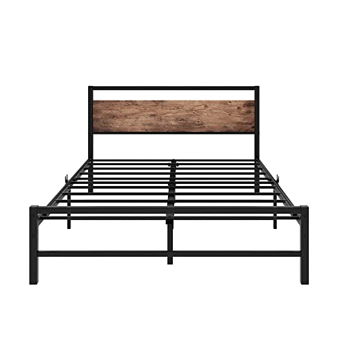 Crocofair Full Size Black Metal Bed Frame with Vintage Wooden Headboard,Heavy Duty Full Platform with Storage,Noise Free, No Box Spring Needed(Rustic Brown)