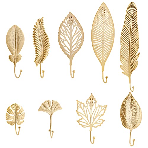 BENECREAT 9pcs Decorative Leaves Iron Hooks, 9 Style Feather/Maple Leaf Wall Mounted Hangers Gold Coat Hooks for Hanging Key, Towel, Coat, Photo Frame, Hat, Bag and Umbrella
