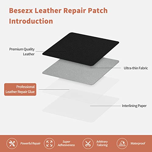 Besezx Leather Repair Patch,Leather Patches,8X11 inch,and Get 3 Additional Patches,Self-Adhesive,Multi Color,Can be Used for Sofa, Car Seat, Handbag, Jacket, Leather Products (Black)