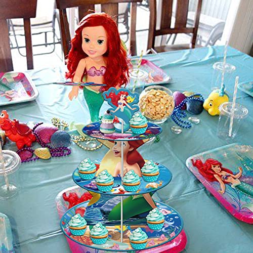 Little Mermaid Ariel Cupcake Stand 3-Tier Round Cardboard Cupcake Stand Little Mermaid Ariel Party Decoration for Boys and Girls Birthday Party Decorations