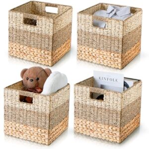 chi an home wicker storage cubes, 12x12 storage cube bins, set of 4 heavy duty hyacinth storage baskets for shelves, natural foldable square baskets for ikea kallax, large woven storage basket, 4 pack