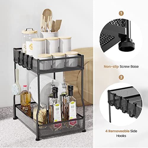 PHINOX Reinforced Metal Organizers and Storage with 4 Hooks, 2 Tier for Under Cabinet/Sink, Kitchen, Bathroom