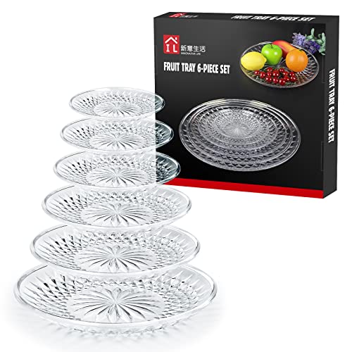 INNOVATIVE LIFE Plastic Service Tray, 6-Piece Round Plastic Fruit Tray, Snack Tray, Party Tray, Serving Platter Set, Crystal Clear