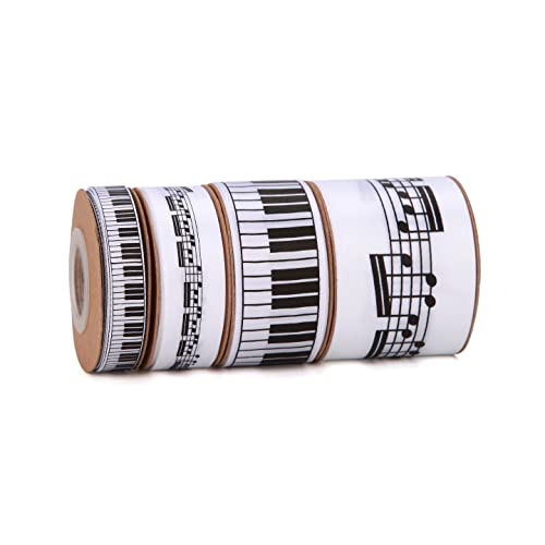 Meseey 4 Rolls Total 20 Yards Musical Notes Ribbon Printed Music Craft Ribbon Black and White Fabric Ribbons for DIY Crafts Gift Wrapping Wedding Party Decoration