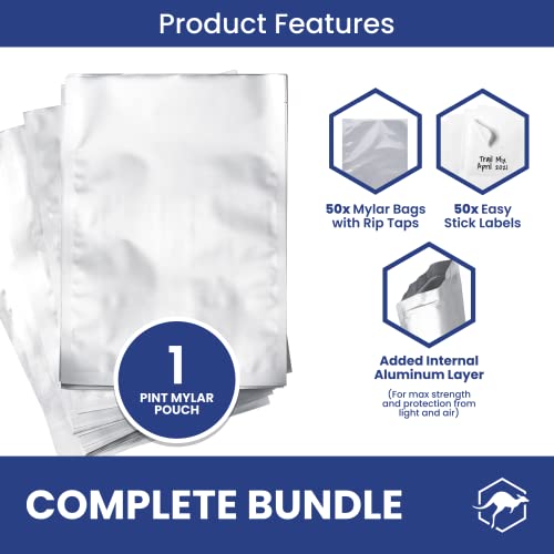 50x Wallaby 1-Pint Mylar Bag Bundle - (5 Mil - 6" x 8") Mylar Bags + 50x Labels - Heat Sealable, Food Safe, & Reliable Long Term Food Storage Solutions - Silver