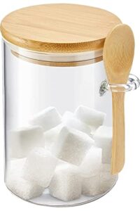 koikey sugar jar glass salt container - 15oz clear airtight caning with bamboo lid and spoon scoop, storage overnight oats, salts, coffee bean, spice, creamer, food organizer, pack of 1