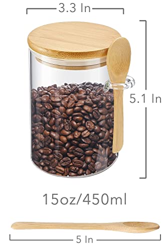 KOIKEY Sugar Jar Glass Salt Container - 15oz Clear Airtight Caning with Bamboo Lid and Spoon Scoop, Storage Overnight Oats, Salts, Coffee Bean, Spice, Creamer, Food Organizer, Pack of 1