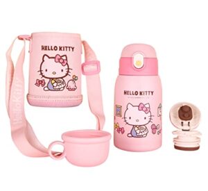 everyday delights sanrio hello kitty stainless steel insulated water bottle double covers with cup, straw and bag 480ml, pink (kt6603)