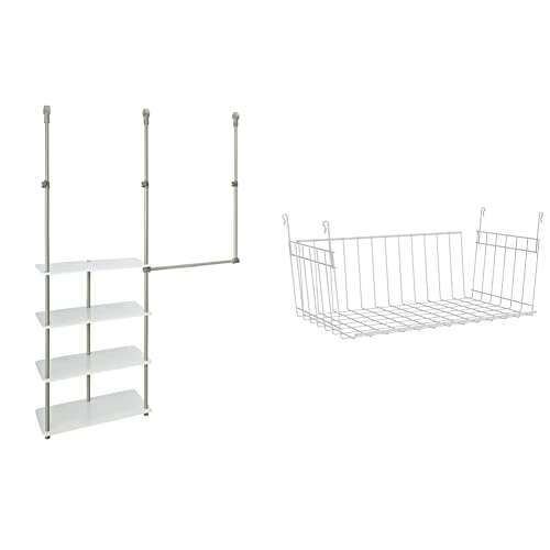 ClosetMaid 55300 Closet Maximizer with (4) Shelves & Double Hang Rod, Tool Free Add On Unit, White Finish & 6222 Hanging Basket for Wire Shelving , White