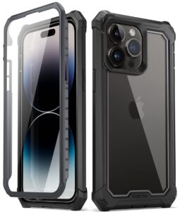 poetic guardian case compatible with iphone 14 pro max 6.7 inch, [20 ft mil-grade drop tested] full-body shockproof protective rugged clear cover case with built-in screen protector, black/clear