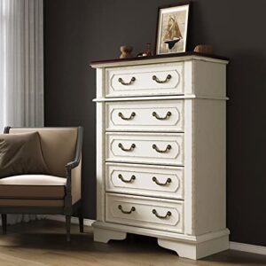 jocisland 5 drawer chest dresser for bedroom two-tone chipped white