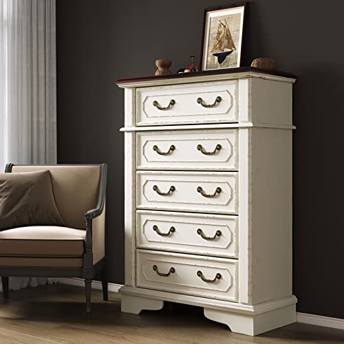 Jocisland 5 Drawer Chest Dresser for Bedroom Two-Tone Chipped White