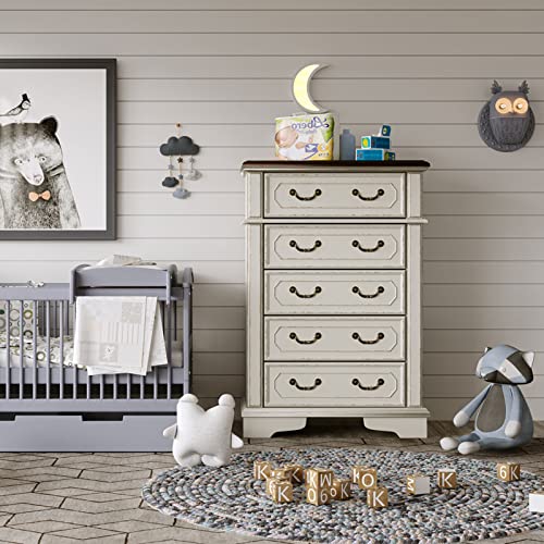 Jocisland 5 Drawer Chest Dresser for Bedroom Two-Tone Chipped White