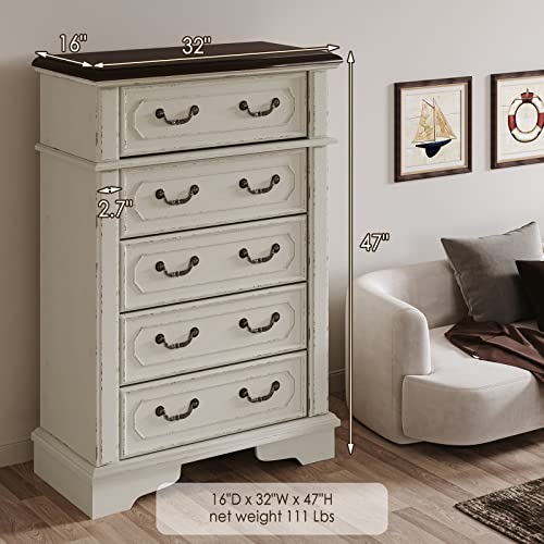 Jocisland 5 Drawer Chest Dresser for Bedroom Two-Tone Chipped White