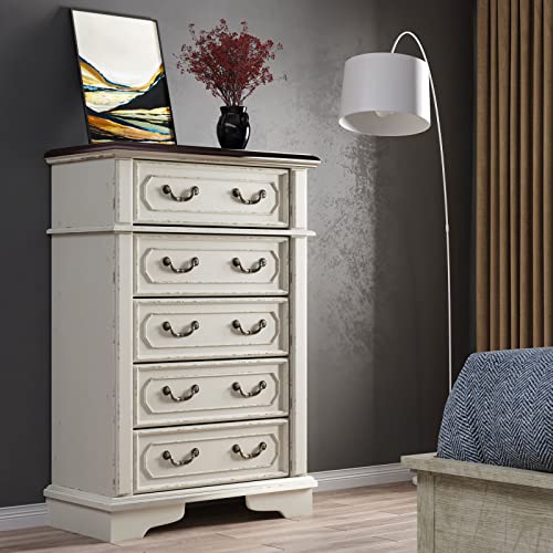 Jocisland 5 Drawer Chest Dresser for Bedroom Two-Tone Chipped White