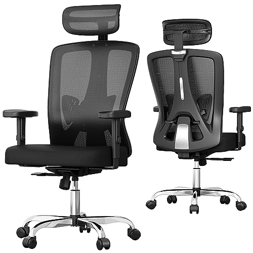 Sytas Ergonomic Office Chair, Home Office Desk Chair with Lumbar Support and Adjustable Headrest, High Back Mesh Computer Chair with Thickened Cushion, 90°-145°Tilt Function, Black