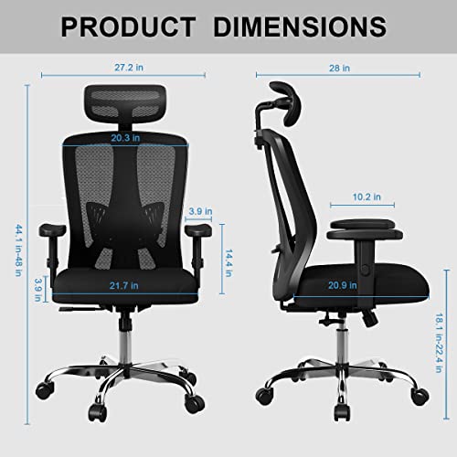 Sytas Ergonomic Office Chair, Home Office Desk Chair with Lumbar Support and Adjustable Headrest, High Back Mesh Computer Chair with Thickened Cushion, 90°-145°Tilt Function, Black