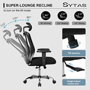 Sytas Ergonomic Office Chair, Home Office Desk Chair with Lumbar Support and Adjustable Headrest, High Back Mesh Computer Chair with Thickened Cushion, 90°-145°Tilt Function, Black