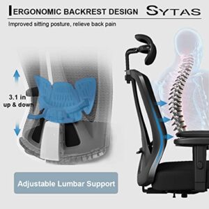 Sytas Ergonomic Office Chair, Home Office Desk Chair with Lumbar Support and Adjustable Headrest, High Back Mesh Computer Chair with Thickened Cushion, 90°-145°Tilt Function, Black