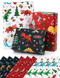 christmas dinosaur wrapping paper - 10 sheets 20" x 27" boys dinosaur wrapping paper kids christmas wrapping paper flat fold holiday wrapping paper xmas dinosaur gift wrap birthday wrapping paper