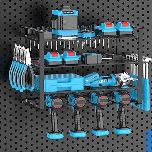 Arcwares Power Tool Organizer Wall Mount 4 Layer, 4 Drill Holder, Heavy Duty Garage Tool Organizer and Storage, Power Tool Storage Rack with Screwdriver Holder Plier Holder Hammer Holder