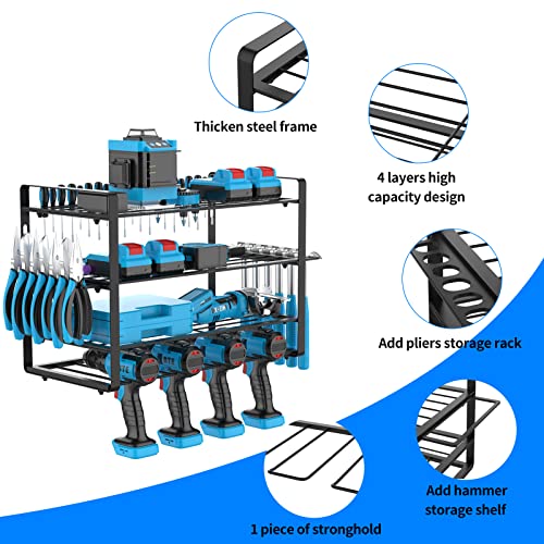 Arcwares Power Tool Organizer Wall Mount 4 Layer, 4 Drill Holder, Heavy Duty Garage Tool Organizer and Storage, Power Tool Storage Rack with Screwdriver Holder Plier Holder Hammer Holder