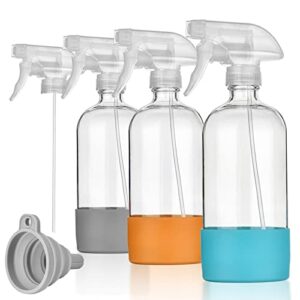 homyfux empty clear glass spray bottles with silicone sleeve protection - refillable 17oz containers for cleaning solutions, essential oils, misting plants - quality sprayer - 3 pack