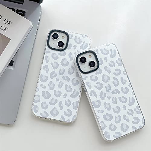 White Leopard Light Gray Soft Phone Case for Apple iPhone 14 6.1" Built-in Bumper Women Cute Stylish Cover for iPhone 14-6.1 inch