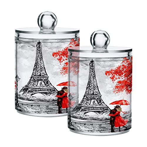 MCHIVER Valentine's Day Lovers Paris Bathroom Canisters Organizer 2 Pack Clear Plastic Jars with Lids 10 Oz Vanity Organizer for Cotton Swab Round Pads Ball Floss