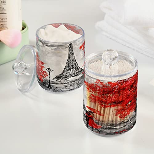 MCHIVER Valentine's Day Lovers Paris Bathroom Canisters Organizer 2 Pack Clear Plastic Jars with Lids 10 Oz Vanity Organizer for Cotton Swab Round Pads Ball Floss