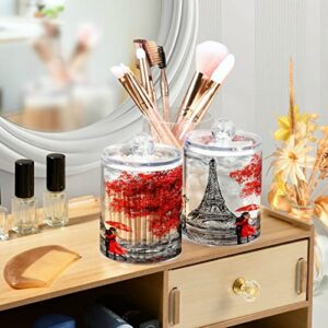 MCHIVER Valentine's Day Lovers Paris Bathroom Canisters Organizer 2 Pack Clear Plastic Jars with Lids 10 Oz Vanity Organizer for Cotton Swab Round Pads Ball Floss