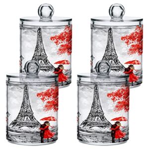 MCHIVER Valentine's Day Lovers Paris Bathroom Canisters Organizer 2 Pack Clear Plastic Jars with Lids 10 Oz Vanity Organizer for Cotton Swab Round Pads Ball Floss