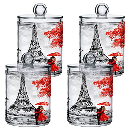 MCHIVER Valentine's Day Lovers Paris Bathroom Canisters Organizer 2 Pack Clear Plastic Jars with Lids 10 Oz Vanity Organizer for Cotton Swab Round Pads Ball Floss