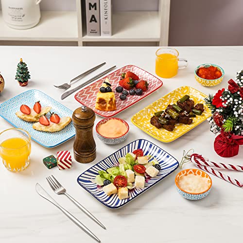 KitchenTour Rectangular Serving Platter, 8 inch Ceramic Dinner Plates Serving Trays Set of 6 for Salad, Appetizers, Sushi, Fruit, Microwave and Dishwasher Safe