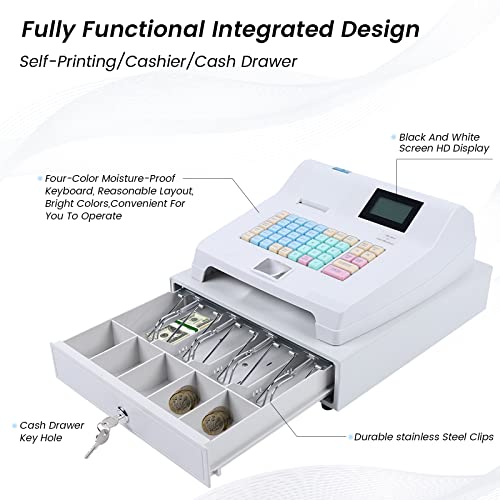 SHIOUCY Cash Register - Electronic POS System with 4 Bill 5 Coin,Removable Tray and Thermal Printer,48-Keys 8-Digital LED Display Multifunction for Small Businesses, White A