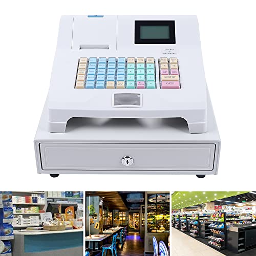 SHIOUCY Cash Register - Electronic POS System with 4 Bill 5 Coin,Removable Tray and Thermal Printer,48-Keys 8-Digital LED Display Multifunction for Small Businesses, White A