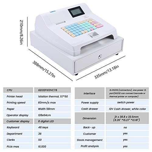 SHIOUCY Cash Register - Electronic POS System with 4 Bill 5 Coin,Removable Tray and Thermal Printer,48-Keys 8-Digital LED Display Multifunction for Small Businesses, White A