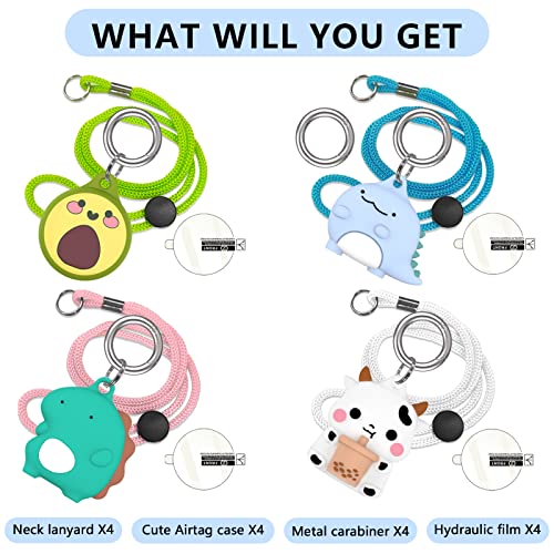 Air tag Necklace with Adjustable Length, Cute Cartoon Airtags 4 Pack Holder Soft Silicone Skin-Friendly Apple Airtags Case for Kids with Key Ring, Screen Protector