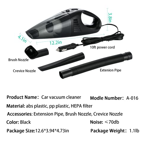 Car Vacuum Cleaner, DC 12V Portable Handheld Car Vacuum for Wet and Dry Cleaning， Strong Suction & 3 Attachments Fit Car Interior Cleaning, Black