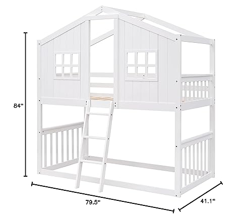 Merax Twin Over Twin House Bunk Bed with Ladder, Twin Wood Bed Frame with Roof Design, Bunk Bed for Teens, Boys and Girls, White