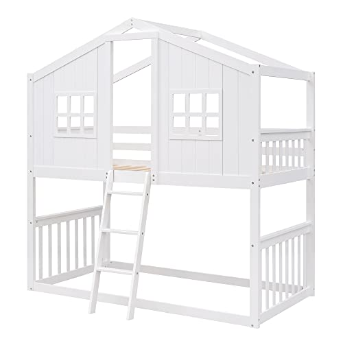 Merax Twin Over Twin House Bunk Bed with Ladder, Twin Wood Bed Frame with Roof Design, Bunk Bed for Teens, Boys and Girls, White