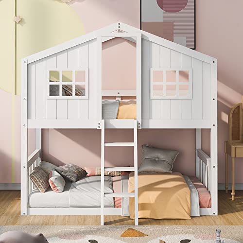 Merax Twin Over Twin House Bunk Bed with Ladder, Twin Wood Bed Frame with Roof Design, Bunk Bed for Teens, Boys and Girls, White